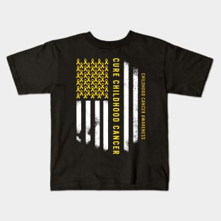 Cure Childhood Cancer Gold Ribbon USA American Flag Kids T-Shirt